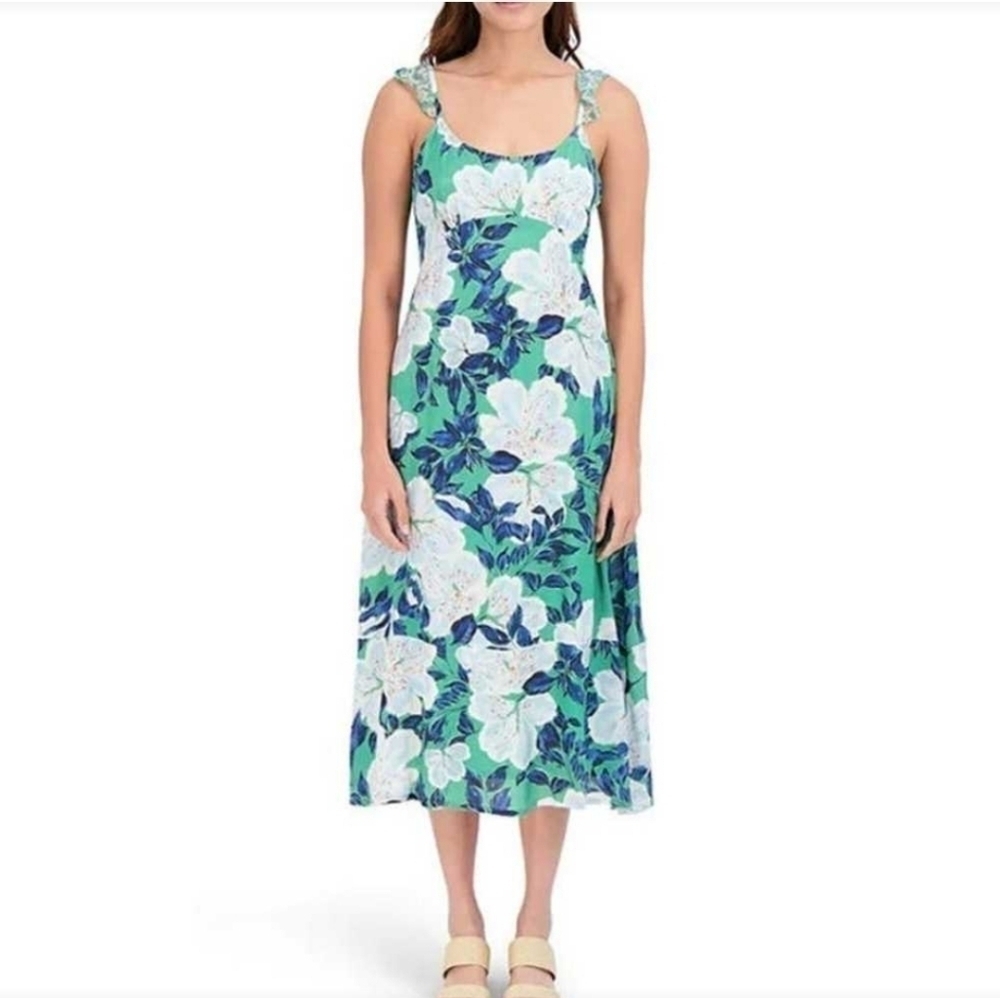 ANTHROPOLOGIE Roberta Roller Rabbit  green blue hibiscus Mididress Small